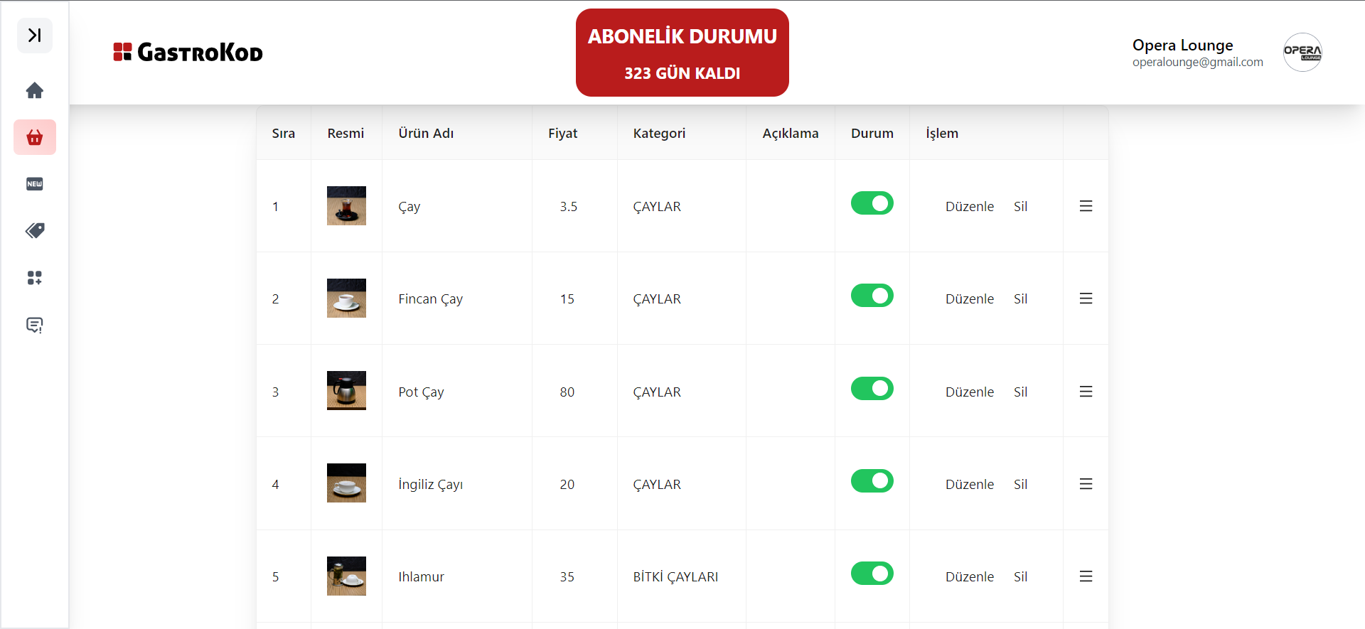 Ürünler sayfamızda menünüzde ki ürünlerinizin fotoğraflarını, açıklamalarını, fiyatlarını, kategorilerini ve durumunu anlık olarak değiştirebilirsiniz. Kolay kullanımı sayesinde hızlı, basit ve ayrıcalıklı!